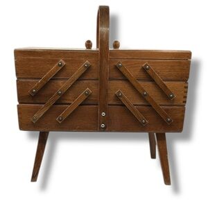 Vintage Wooden Sewing Box Accordion Style 60s Storage Mid Century Wood Folding